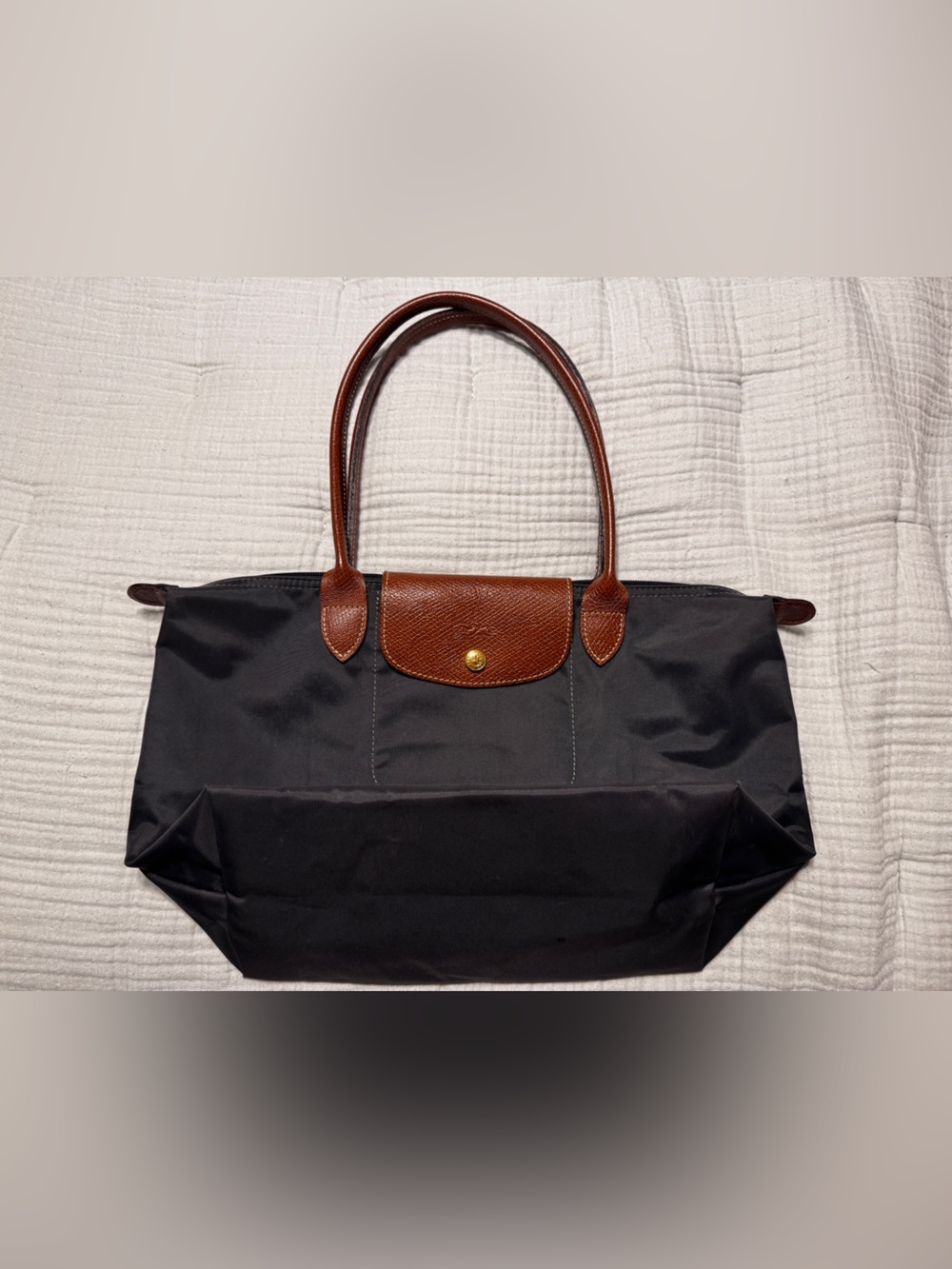 Longchamp Le Pliage Small Dark Gray Nylon Shoulder Tote Brown Leather - Picture 3 of 12